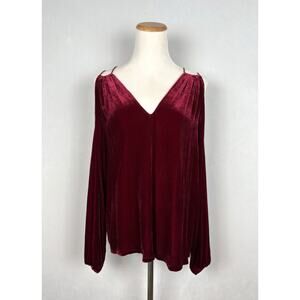 Ramy Brook Strappy Velvet Gigi Top S Burgundy Red Cold Shoulder Long Sleeve